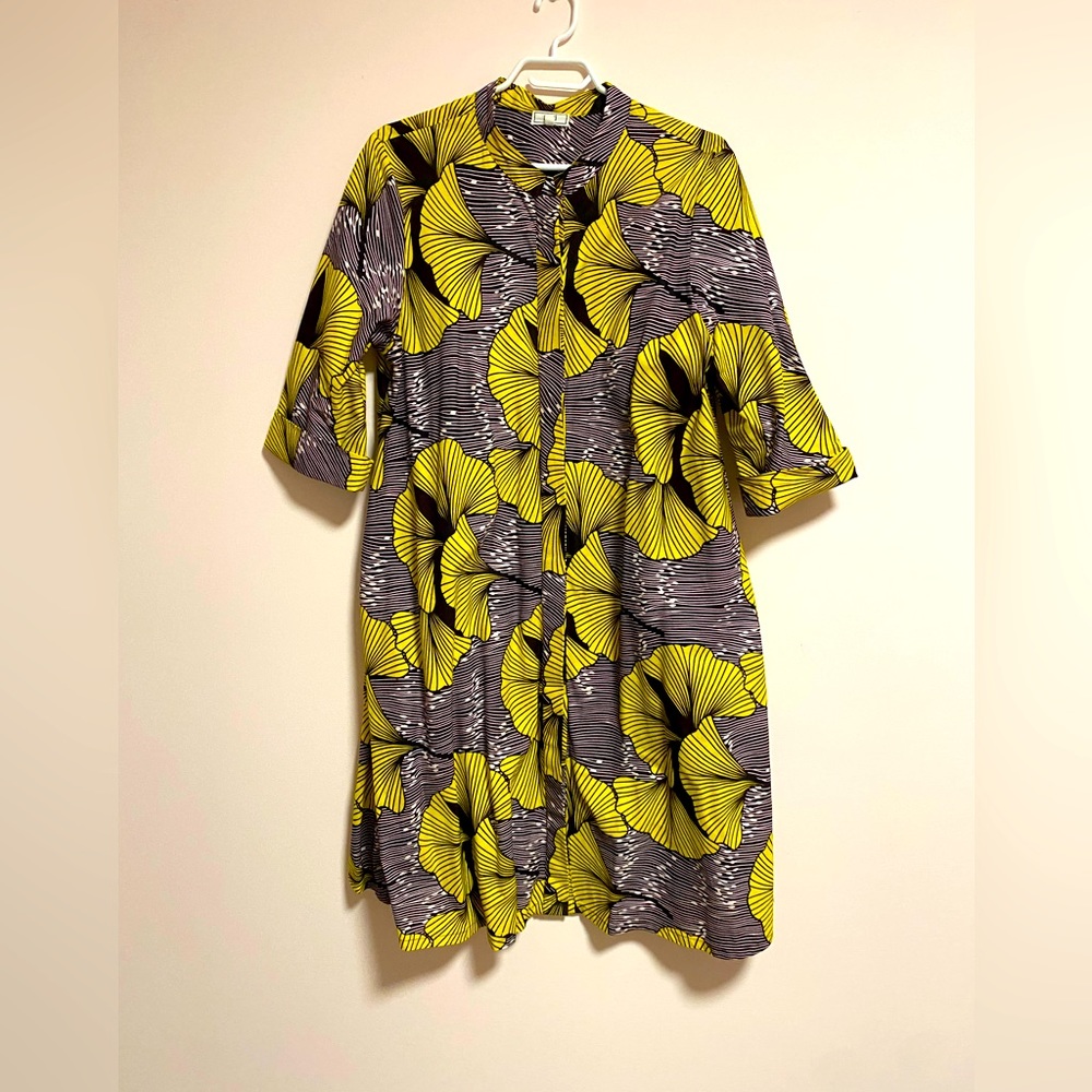 Yellow Floral Midi Shirt Dress